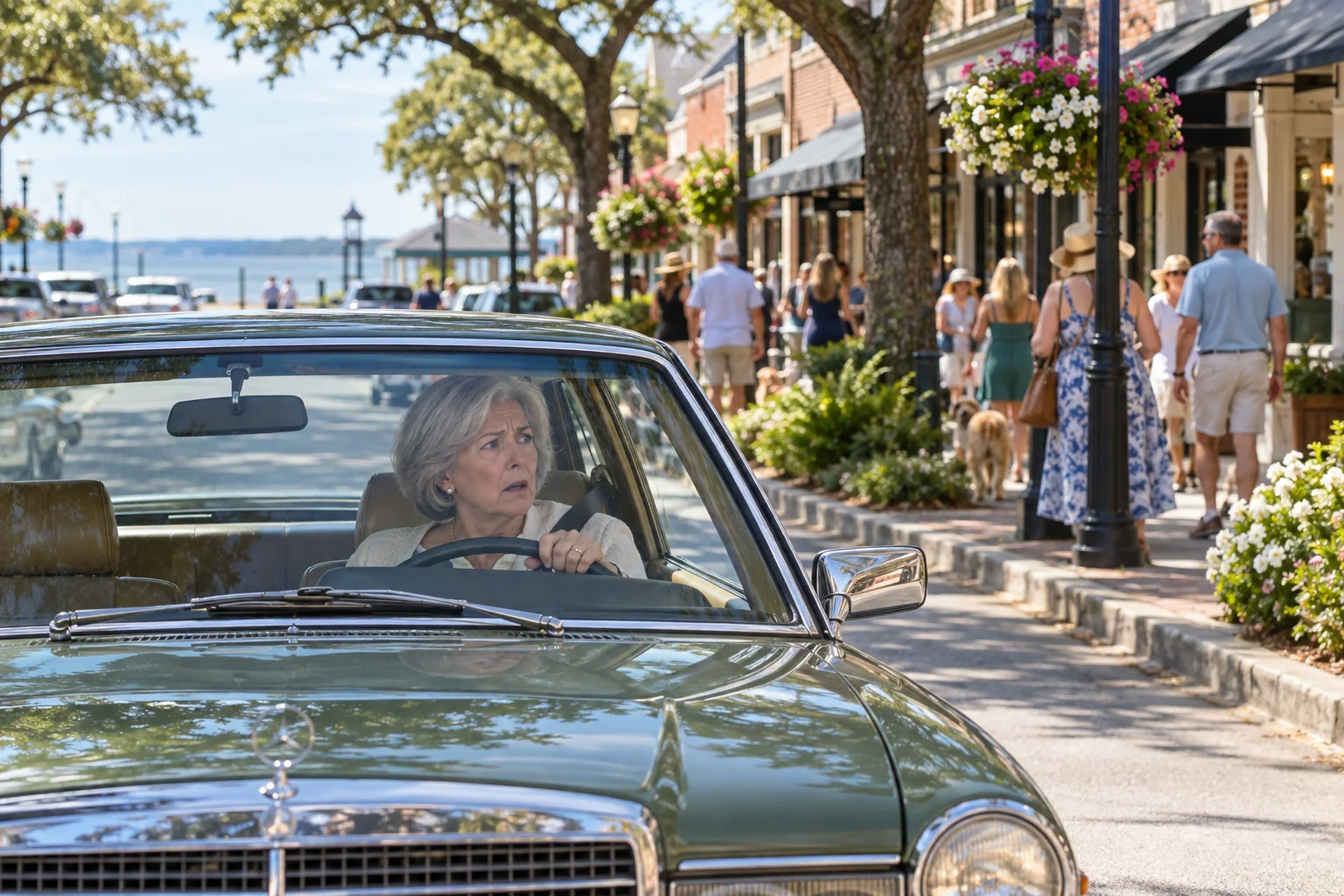 A bewildered driver scanning a busy downtown street for someone familiar