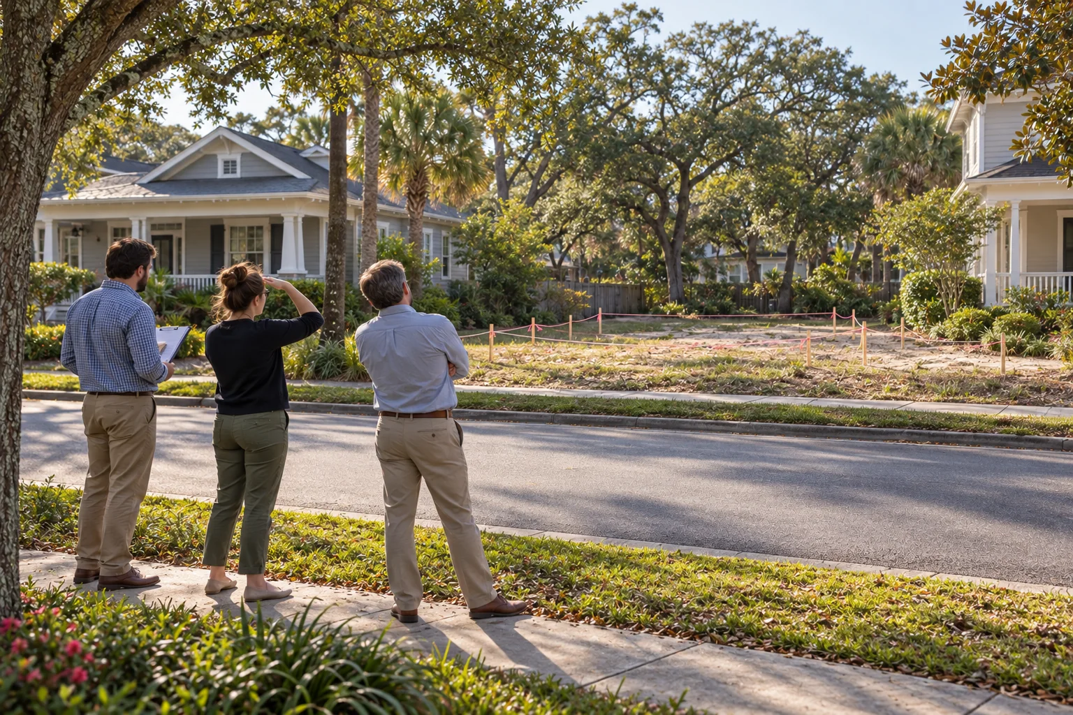 Three fictional planning reviewers studying survey stakes from across a residential street