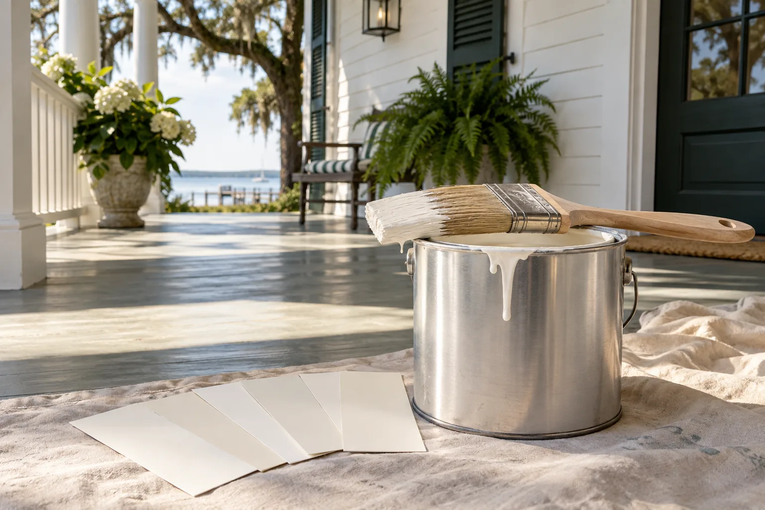 A can of white paint and nearly identical white swatches on a Southern porch