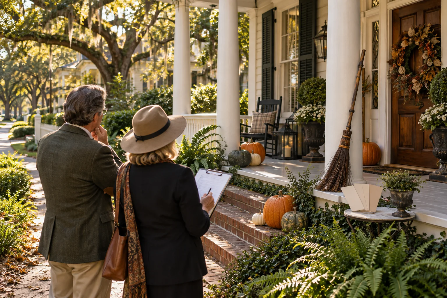 Reviewers inspecting tasteful Halloween decorations on a Southern porch