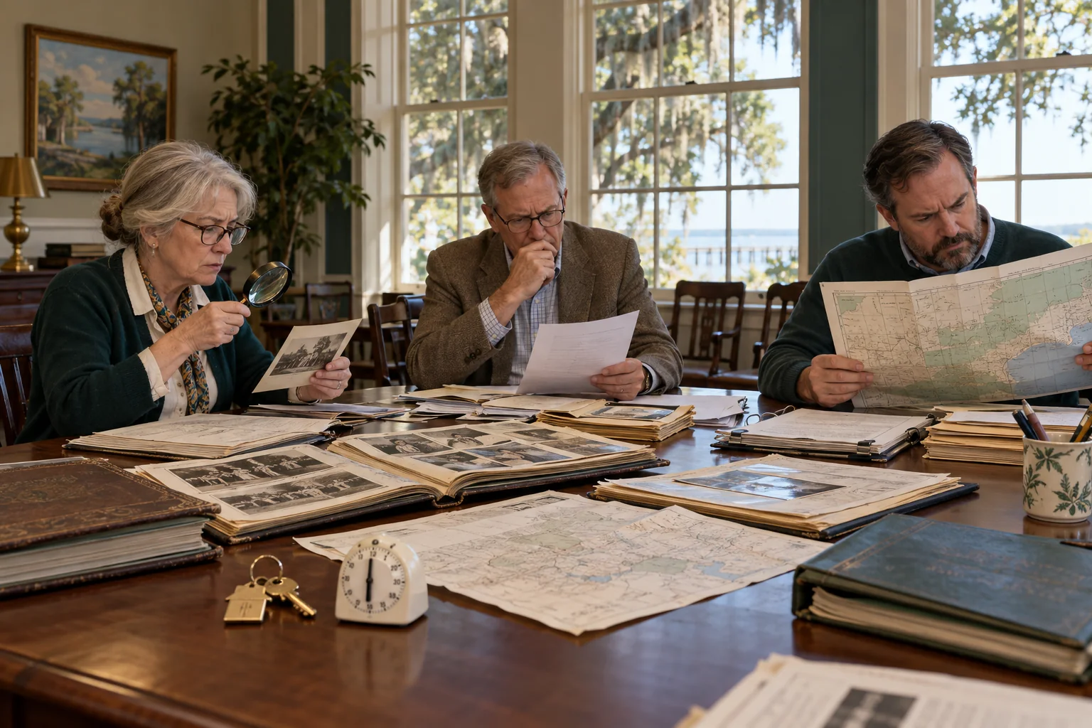 A committee examining family albums, maps and residency evidence