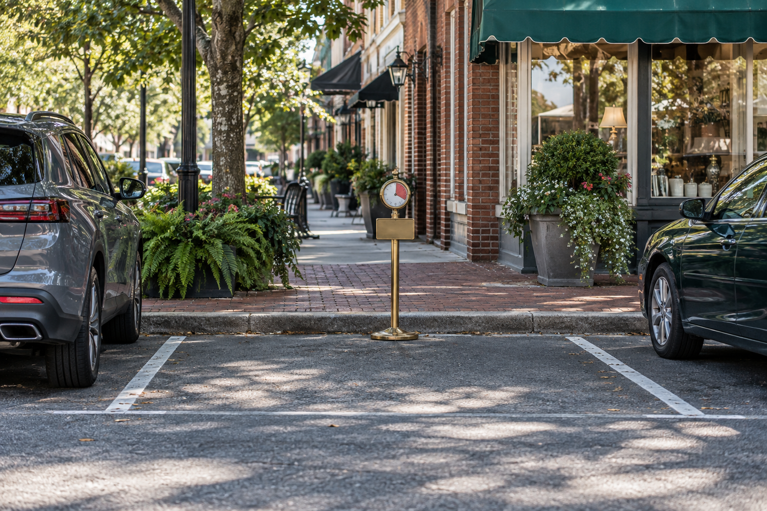 A single empty downtown parking space marked by a small reservation stand