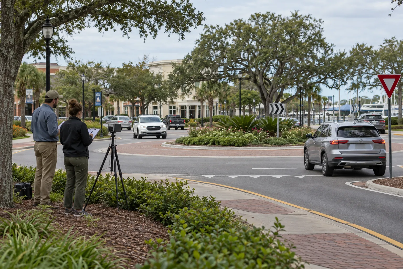 Two transportation researchers observing vehicles at a landscaped roundabout