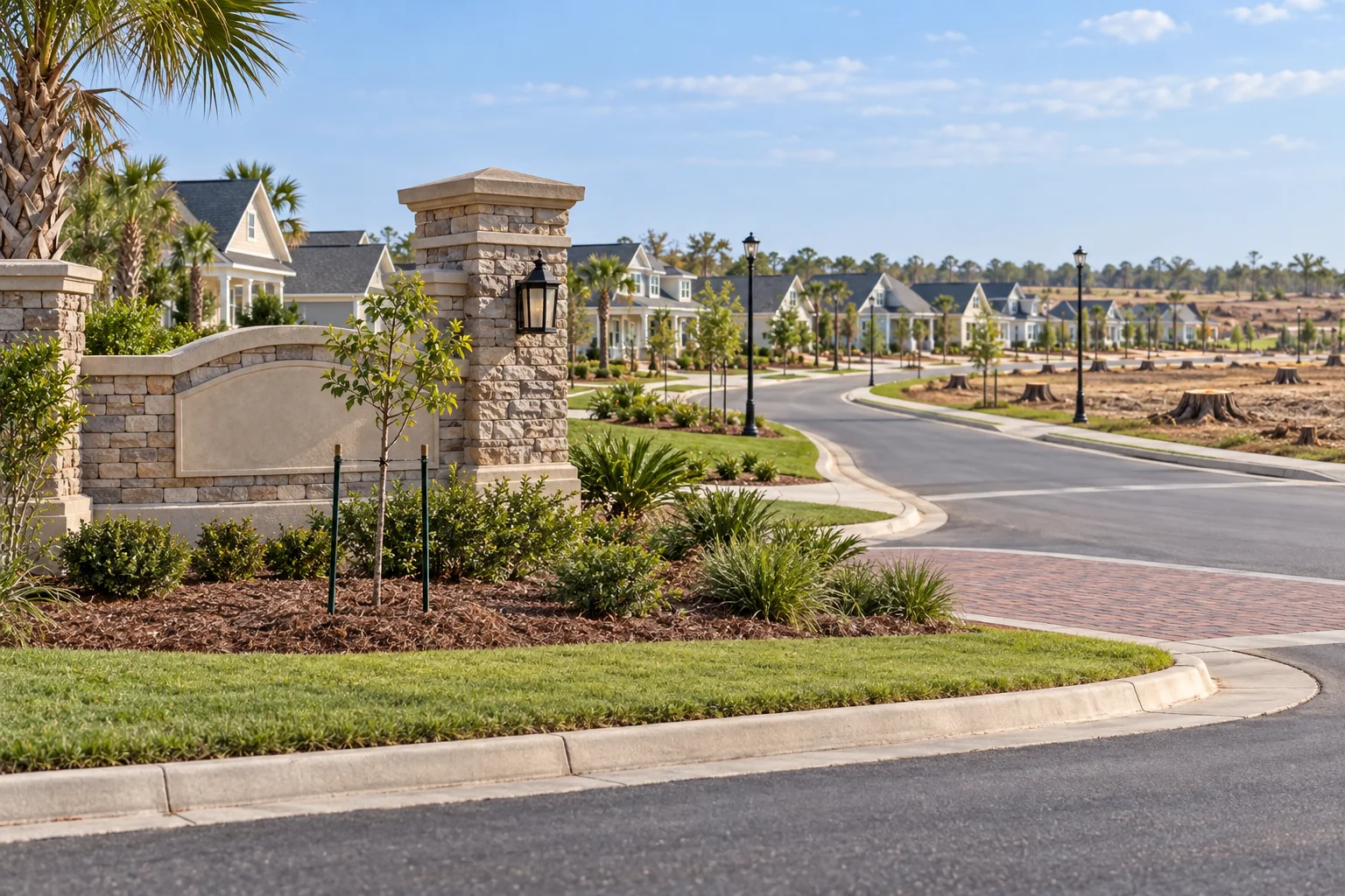 New coastal Alabama subdivision with rows of homes, fresh landscaping and numerous tree stumps